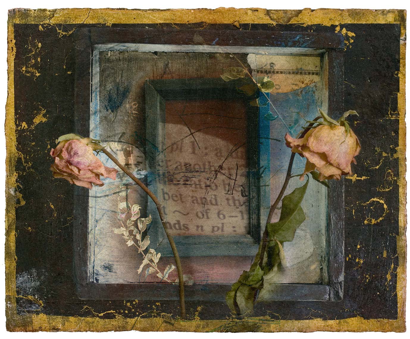 Still life of two wilted roses against background of weathered wood picture frame and painted background with nicks and scratch marks