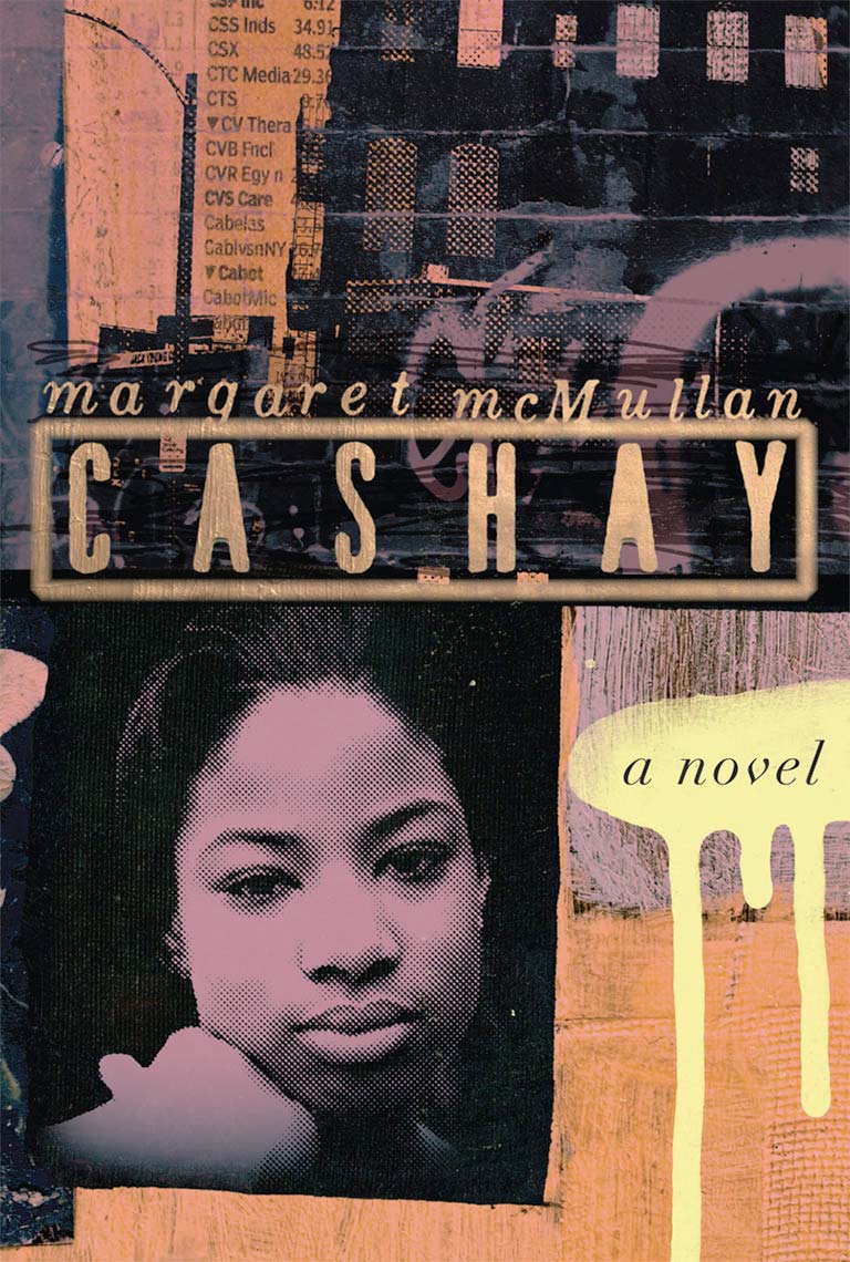 Book cover of novel–a painterly collage showing serious face of a pretty, black teenage girl and a gritty urban scene.