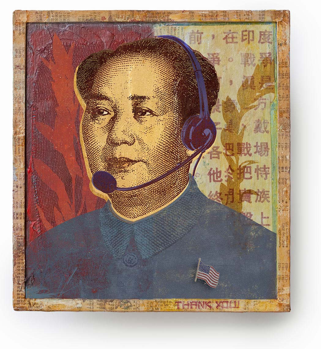 Colorful collage of Mao Zedong wearing telecommunications headset.