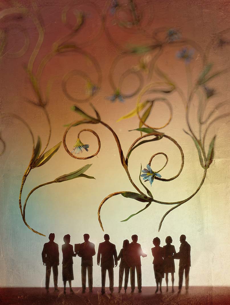 Silhouettes of small business figures under a network of curving vines suggesting communication.