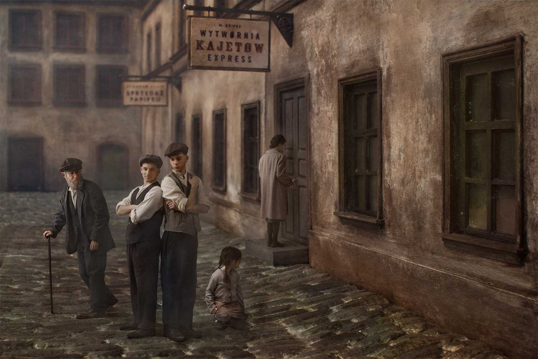 In a painterly photomontage of a 1930s’ Polish street scene, two young men mug for the camera, a white-bearded old man with a cane walks by, and a young girl crouches on the cobblestones while eyeing a young woman entering a weathered building in the background.
