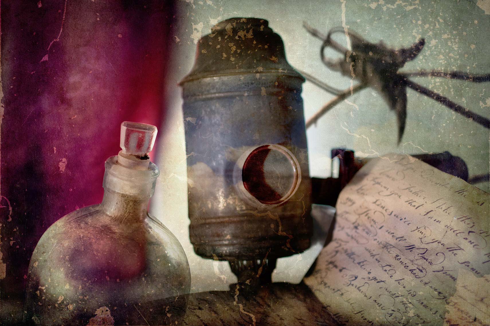 Still life of antique scientific object, vintage bottle, bird silhouette, drape, twig and old letter with quill-penned script against soft-focus painterly mottled background