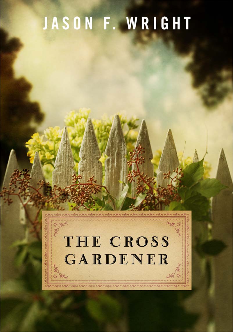 Book cover with vintage type and a section of white picket fence covered with flowers and buds against a backdrop of soft-focus tree-tops and sky with puffy clouds.