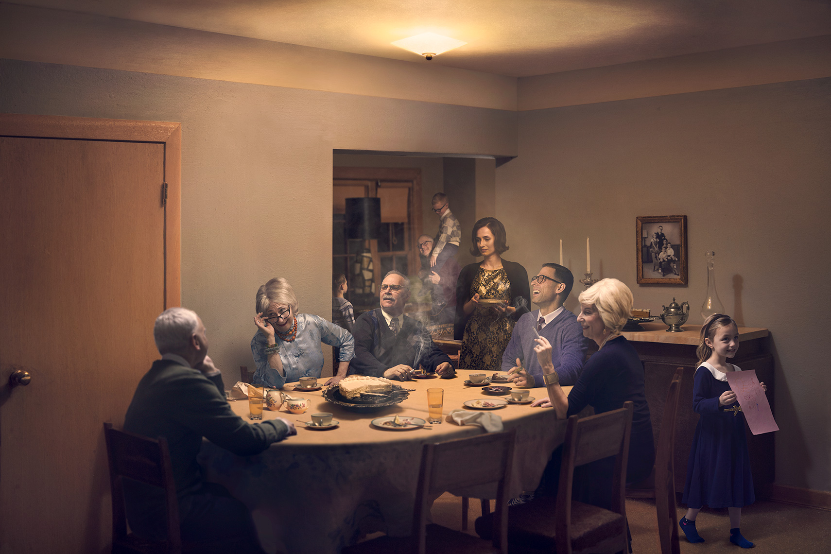 Staged photomontage of smoke-filled 1960s’ suburban dining room where older relatives laugh and reminisce at dessert while children play in the background.