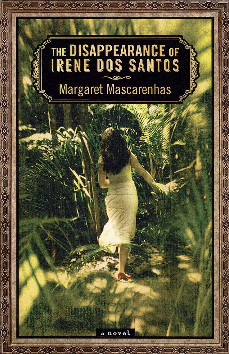 Book cover showing a woman with long dark hair, wearing a white dress and red high heels walking into a lush tropical jungle.