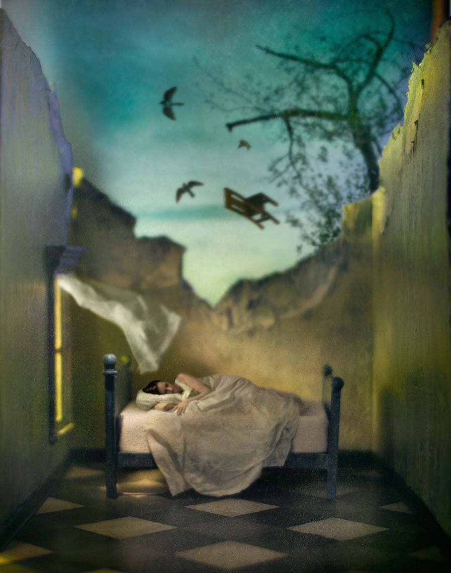 A woman lies sleeping on a bed in a room whose ceiling has been ripped off, revealing a haunting sky with birds circling and a chair flying through the air.