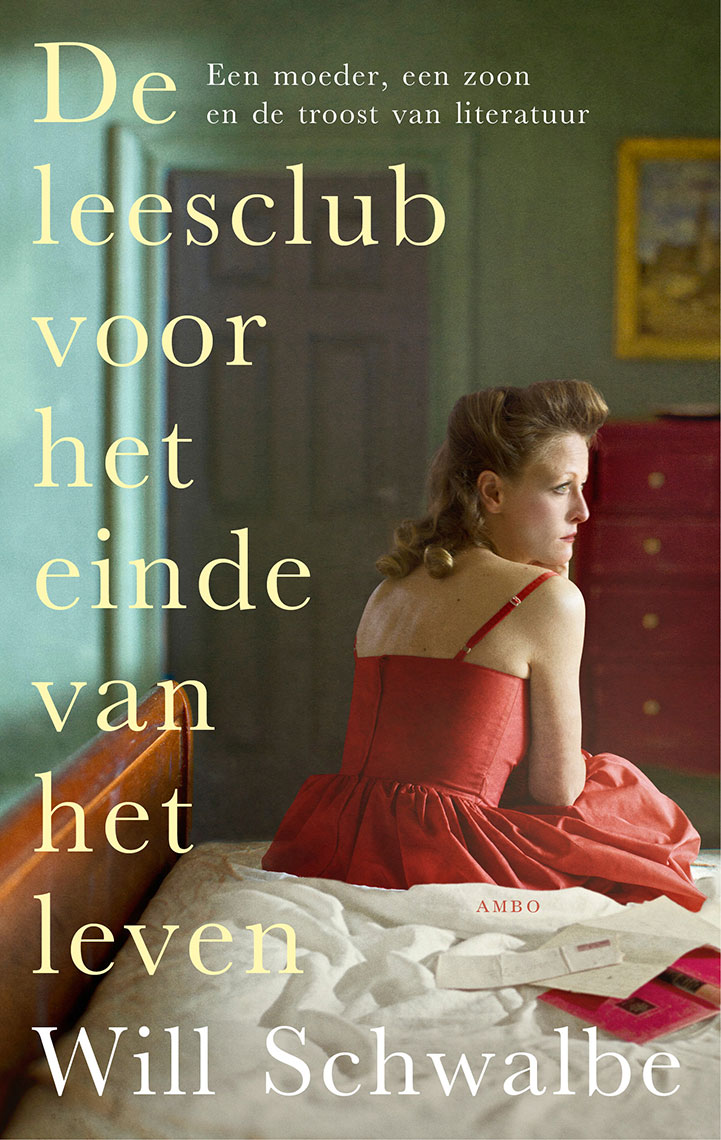 Book cover of a woman in 1940’s red dress and hairstyle sitting in contemplation on a bed.