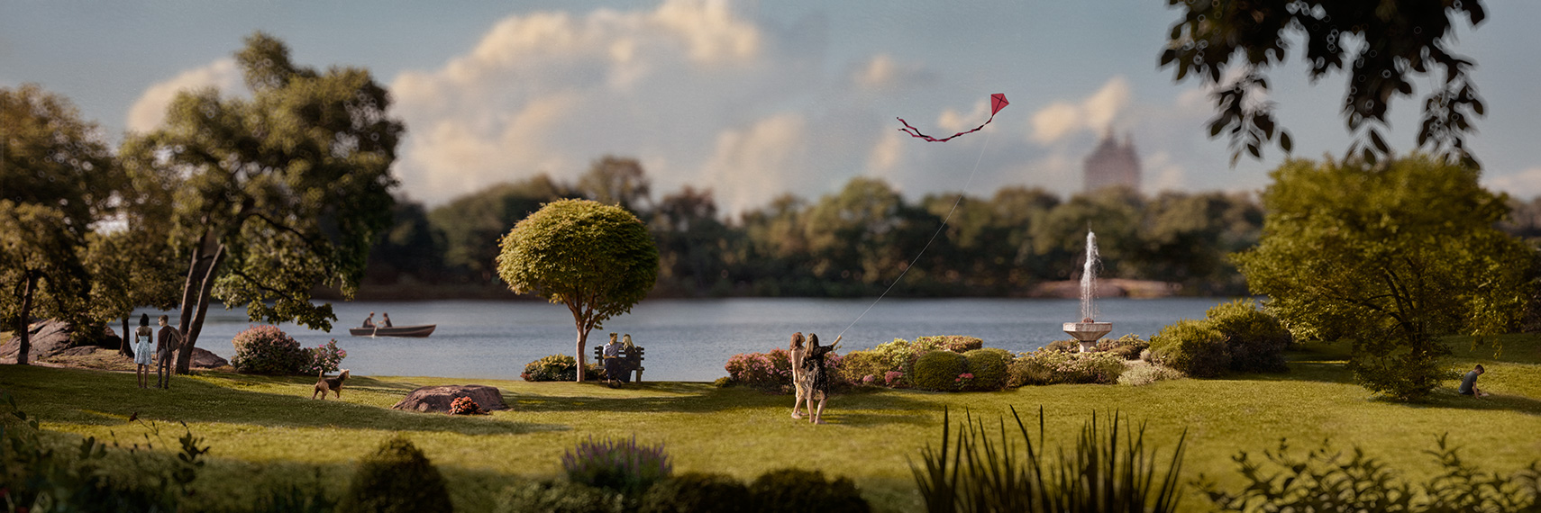 Panorama of an urban park late in late afternoon light with trees, lawn, lake, dog, kite flying, fountain, and various couples.