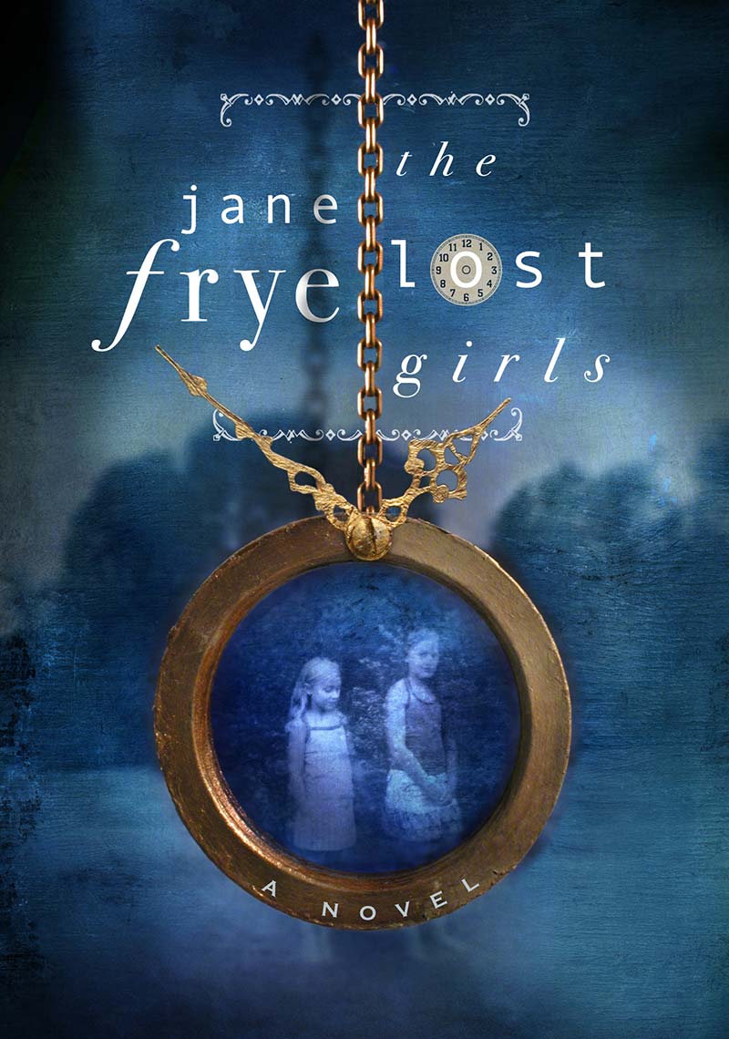 Blue monochrome book cover showing  two young girls framed by a gold metal frame hanging from a gold chain with clock hands against a soft-focus landscape background.