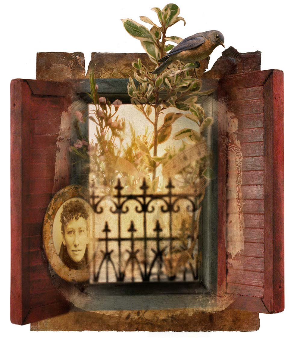 Collage assemblage of window with wrought-iron railing with open weathered red wooden shutters, emerging from the window are plants, a bird, and vintage sepia portrait of a young woman.