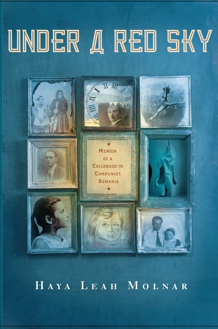 Blue monochrome book cover featuring a three by three grid of nine small antique frames, each with a different vintage image or family snapshot.