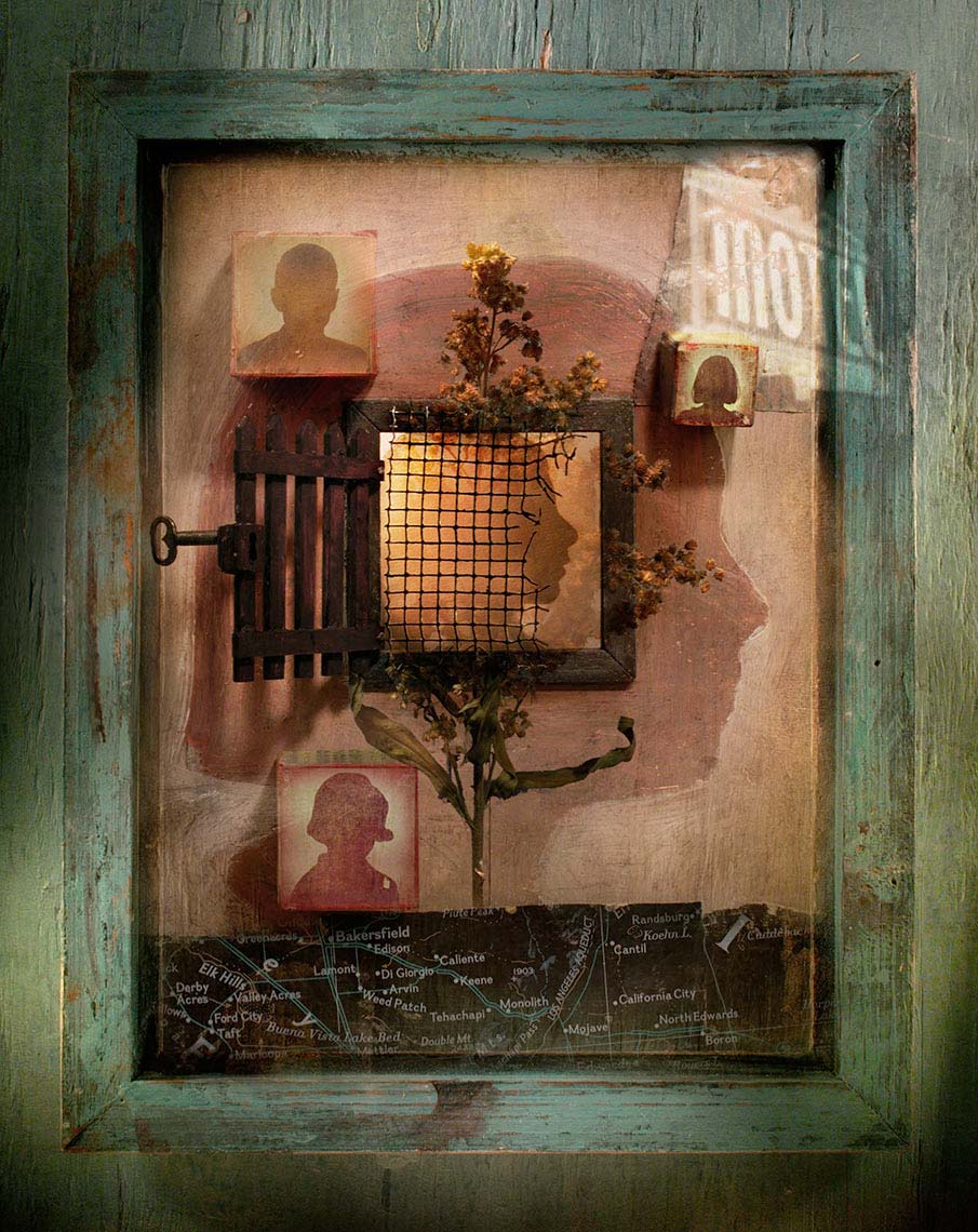 Moody assemblage with a profile of a girl’s head contained within the profile of woman’s head, along with smaller collaged heads, and framed by painted, weathered wood.