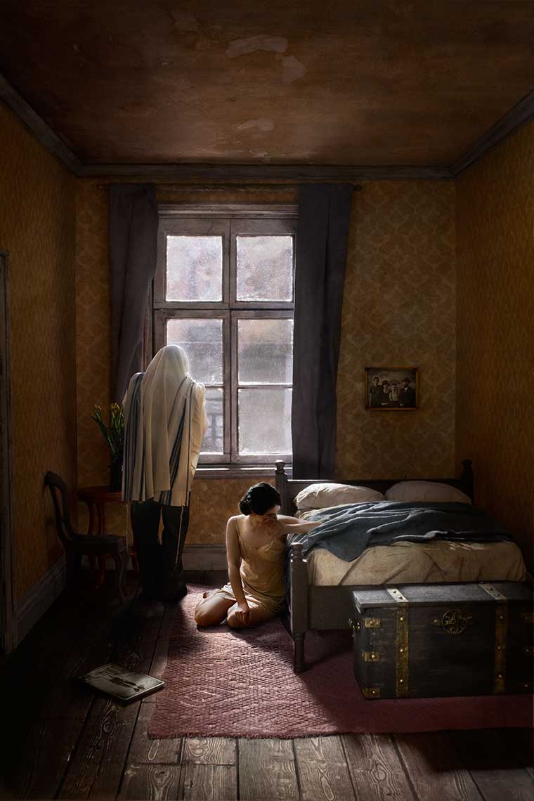 Dramatic painterly photomontage of a couple in 1930’s European bedroom in morning light, the man garbed in Jewish prayer shawl praying at the window, the distraught woman on the floor leaning against the unmade bed.