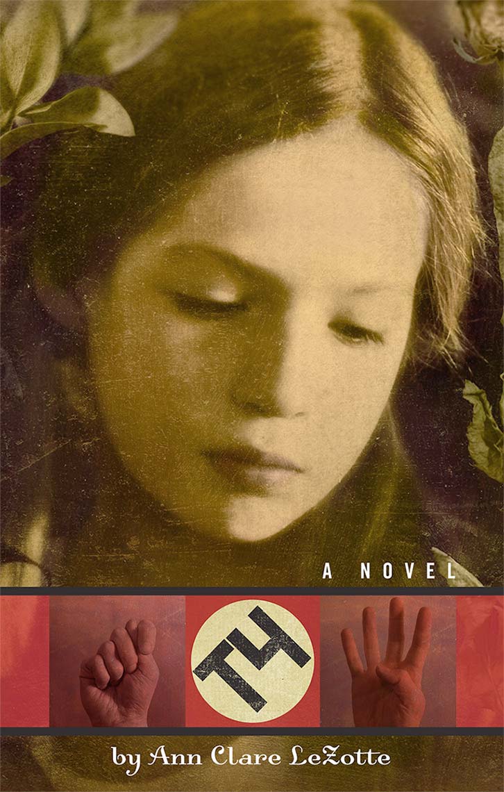 Book cover: sepia portrait of pretty young girl on upper three quarters, on bottom quarter is a red banner with the letters “T4” shaped like a swastika and photos of two hands forming sign language for “T4”.