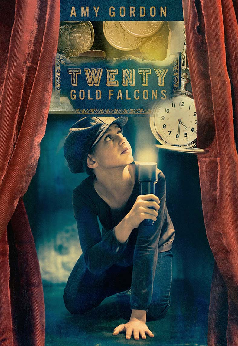 Book cover: an adolescent girl, wearing a newsboy hat, crouches on the floor, shining a flashlight upwards on to the title type, framed by red velvet drapes.